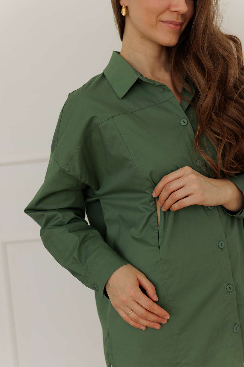 Рубашка оверсайз из хлопка для беременных и кормящих мам - полынь - 1