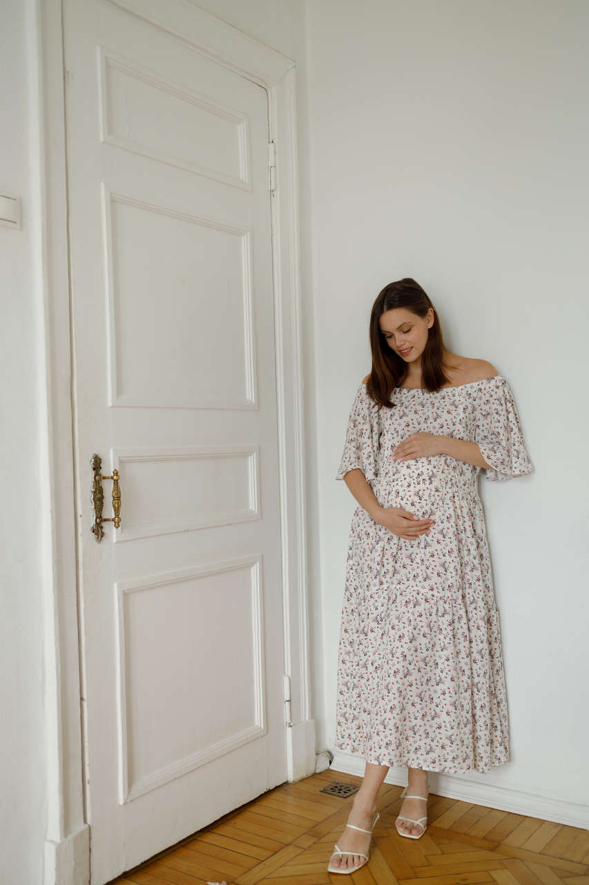 Платье Лето для беременных и кормящих мам - белый с цветами - 7