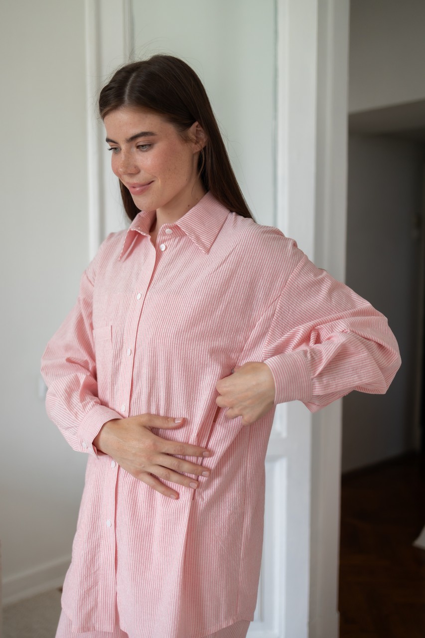Рубашка из вареного хлопка для беременных и кормящих мам - розовый в полоску - 4