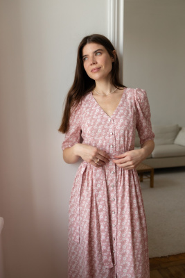 Платье Шарлотта миди из штапеля для беременных и кормящих мам - розовый с цветами - 0