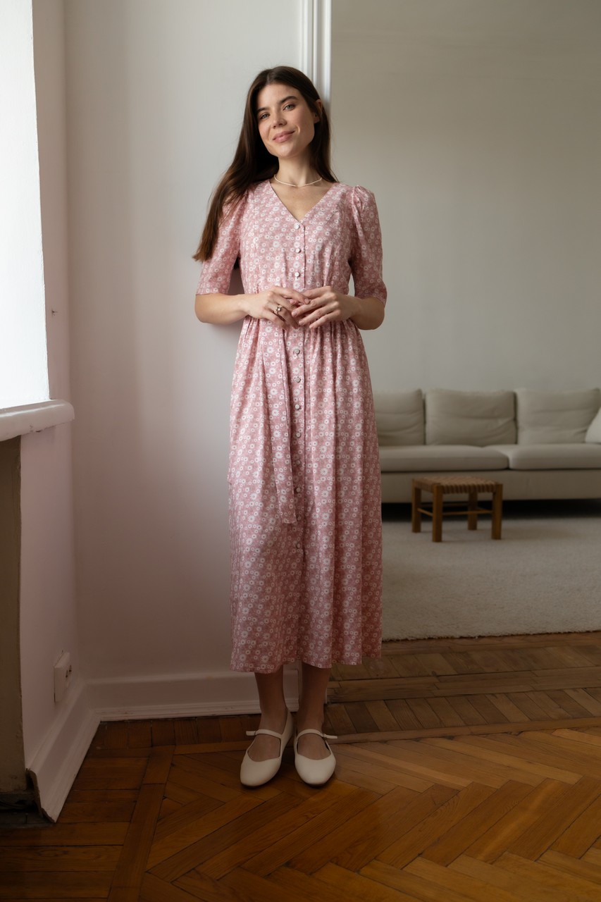 Платье Шарлотта миди из штапеля для беременных и кормящих мам - розовый с цветами - 9