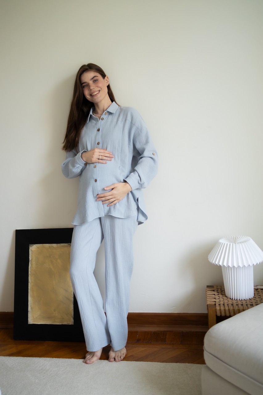 Рубашка Дунай из муслина для беременных и кормящих мам - серо-голубой - 4