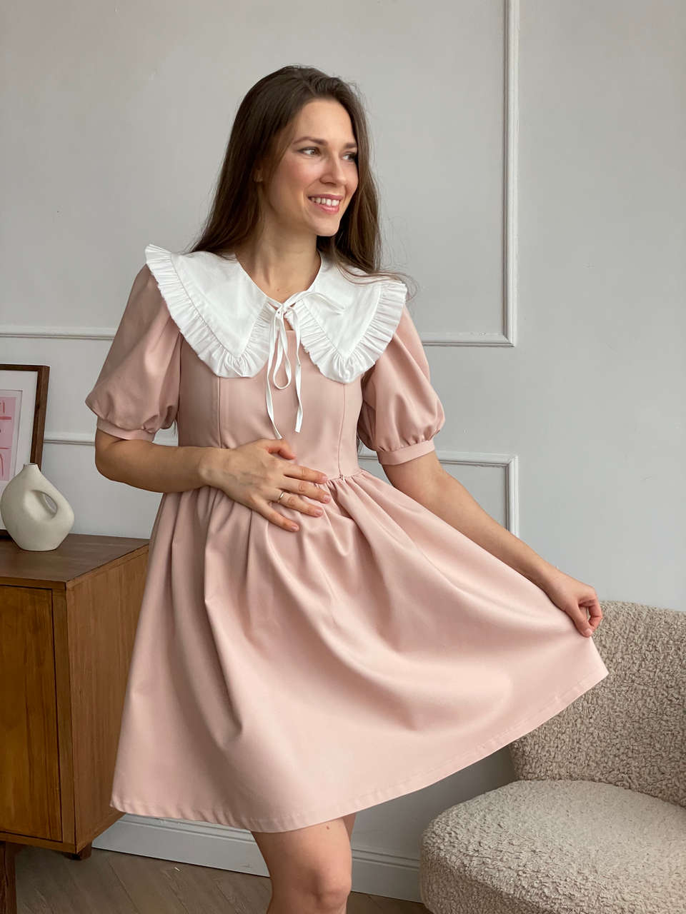 Платье коктейльное мини для беременных и кормящих мам - розовое шампанское - 1