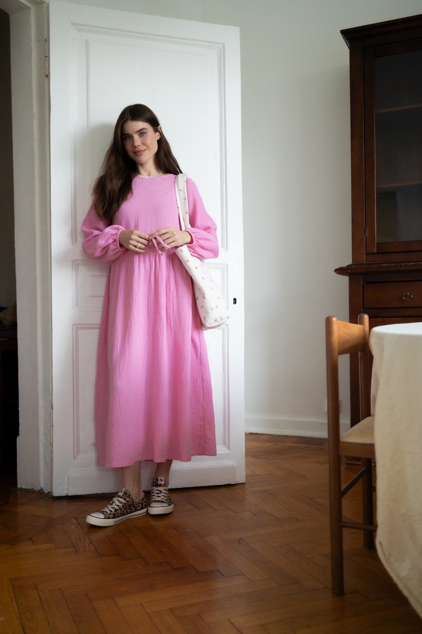 Платье на кулиске из муслина для беременных и кормящих мам - розовый - 9