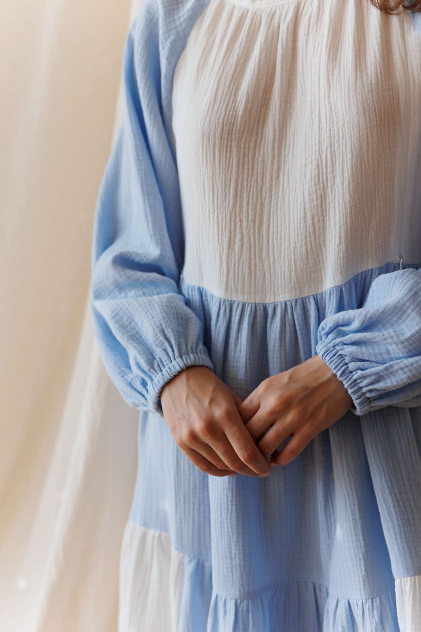 Платье Айседора из муслина для беременных и кормящих мам  - айвори с голубым - 1