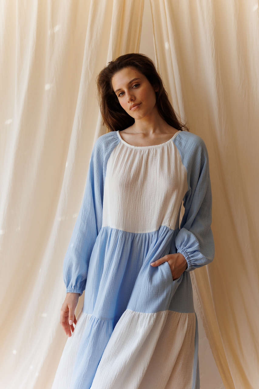 Платье Айседора из муслина для беременных и кормящих мам  - айвори с голубым - 6