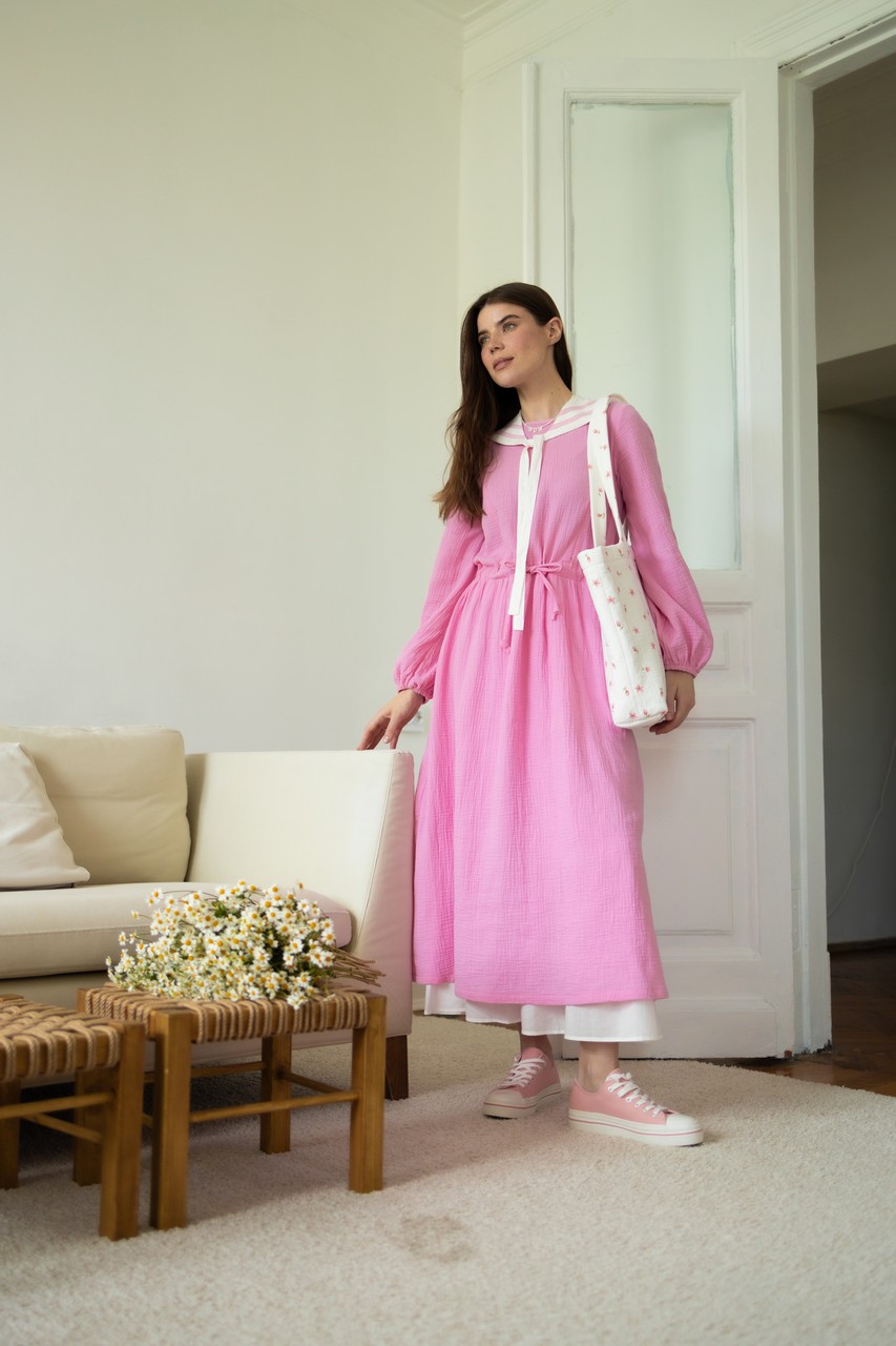Платье на кулиске из муслина для беременных и кормящих мам - розовый - 7
