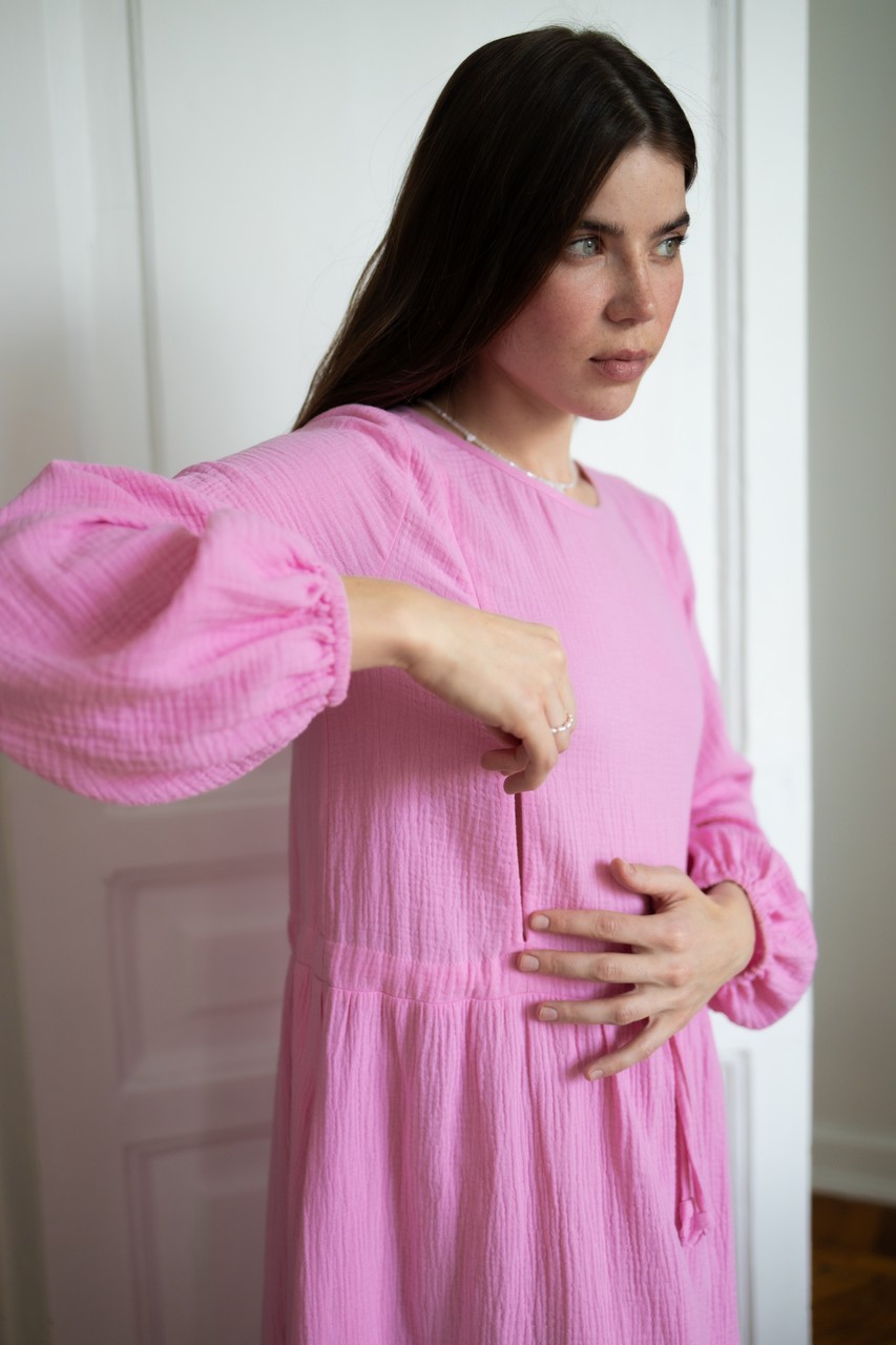 Платье на кулиске из муслина для беременных и кормящих мам - розовый - 16