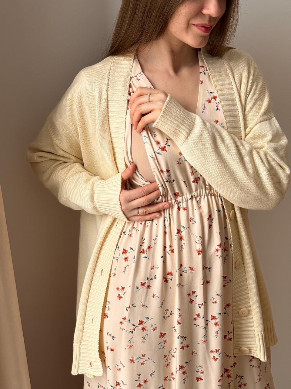 Платье Флора для беременных и кормящих мам - кремовый с цветами - 10