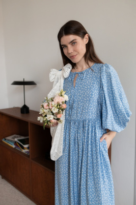 Платье Мари для беременных и кормящих мам - голубой с колосками - 0