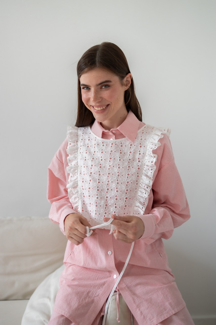 Рубашка из вареного хлопка для беременных и кормящих мам - розовый в полоску - 11