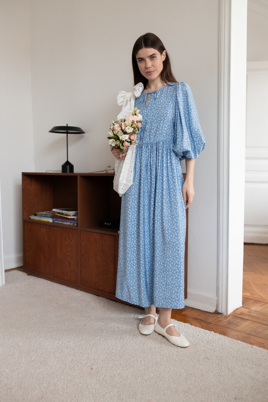 Платье Мари для беременных и кормящих мам - голубой с колосками - 1