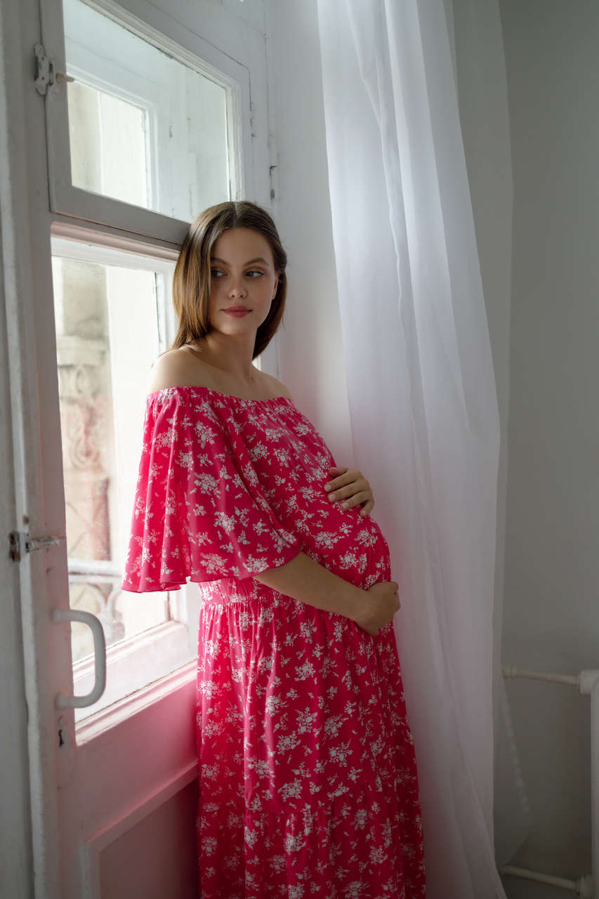 Платье Лето для беременных и кормящих мам - розовый с цветами - 8