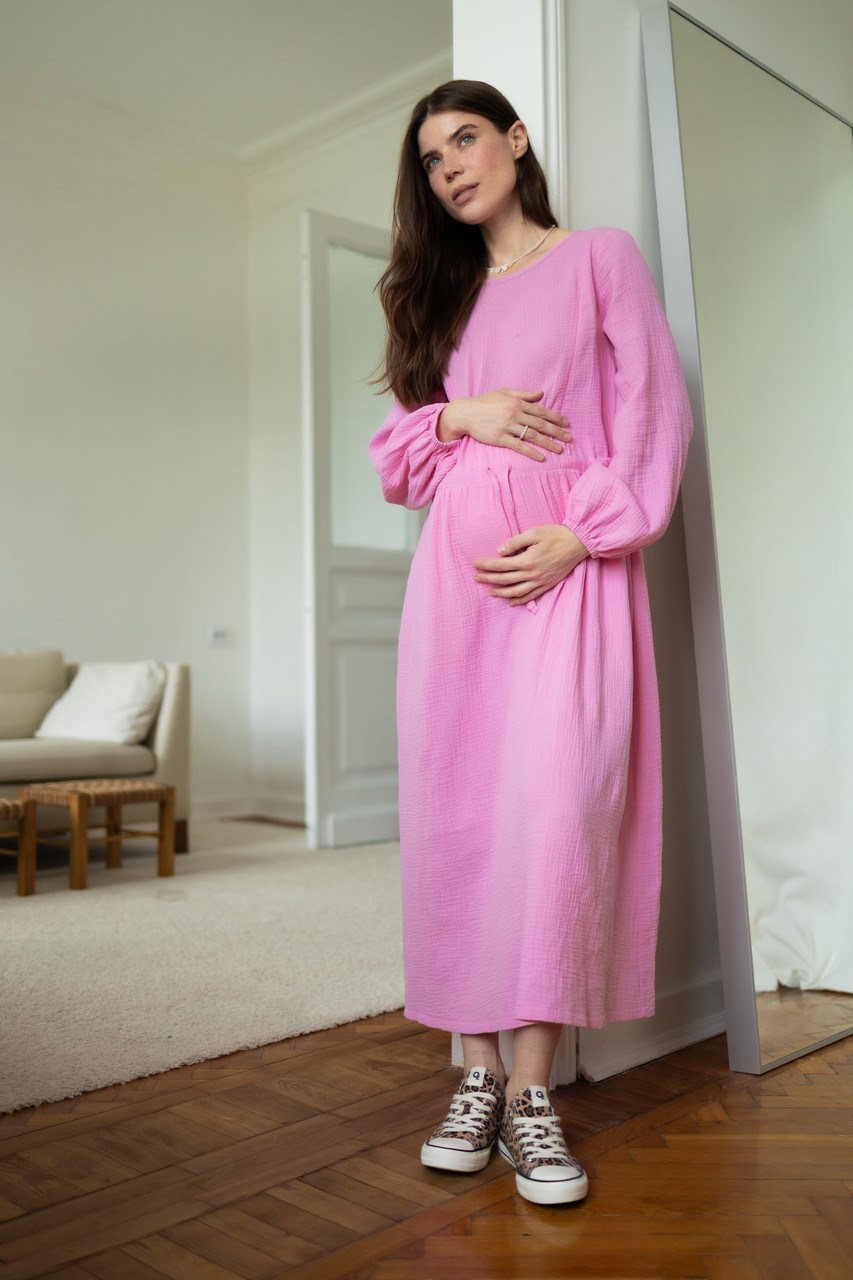 Платье на кулиске из муслина для беременных и кормящих мам - розовый - 11