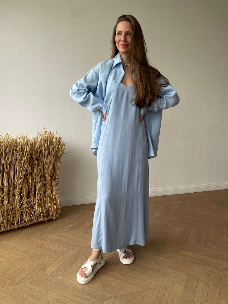 Платье-комбинация с разрезом для беременных и кормящих - голубой - 7