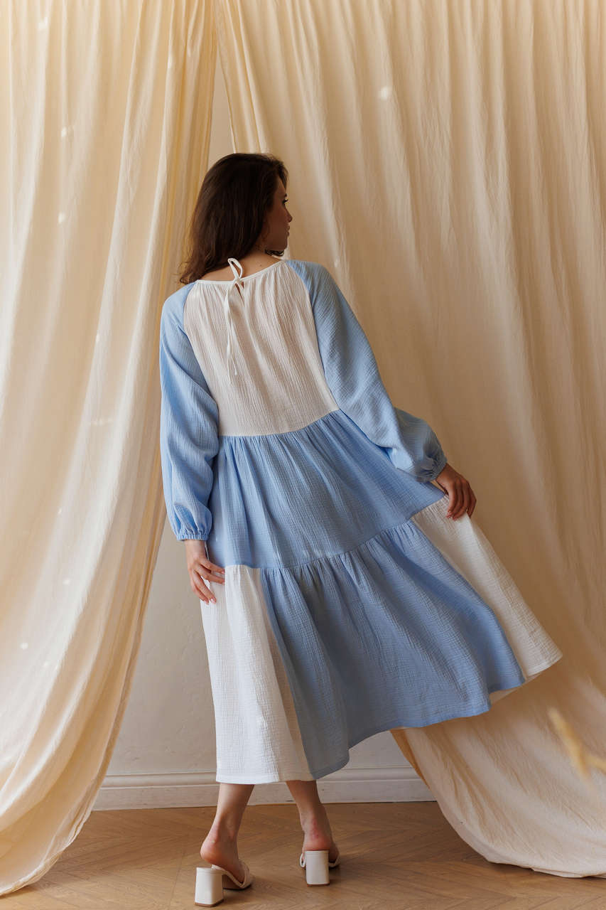 Платье Айседора из муслина для беременных и кормящих мам  - айвори с голубым - 3