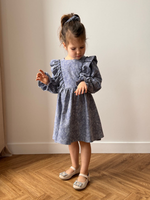 Платье для девочки Рюши из фланели - голубой с пионами