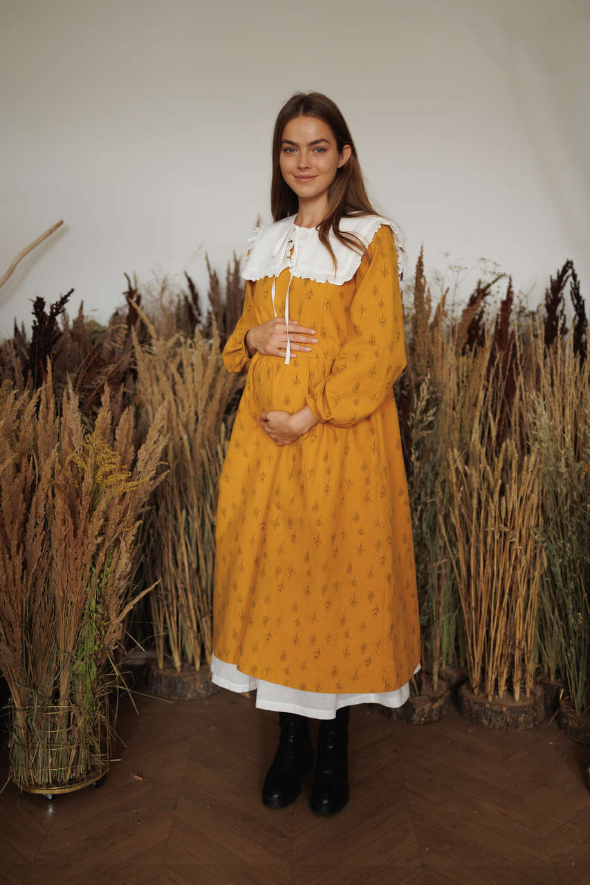 Платье Аврора для беременных и кормящих мам - горчичный с цветами - 11