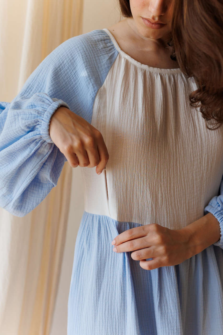 Платье Айседора из муслина для беременных и кормящих мам  - айвори с голубым - 2