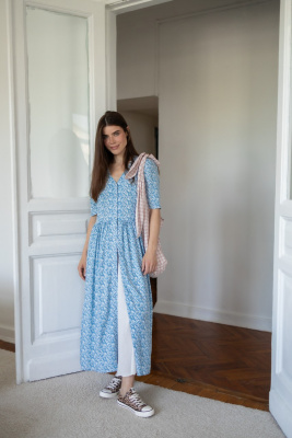 Платье Шарлотта миди из штапеля для беременных и кормящих мам - голубой с веточками - 0