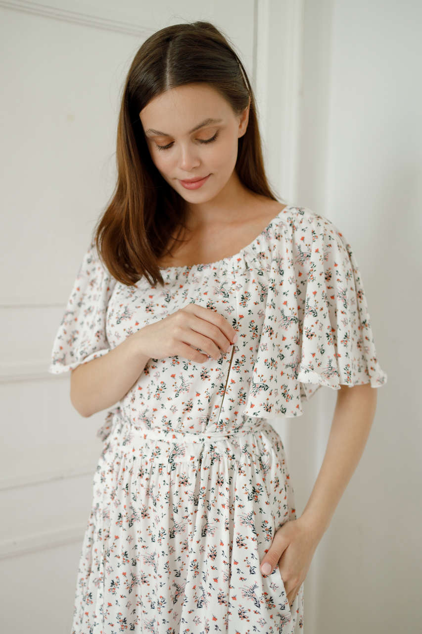 Платье Лето для беременных и кормящих мам - белый с цветами - 1