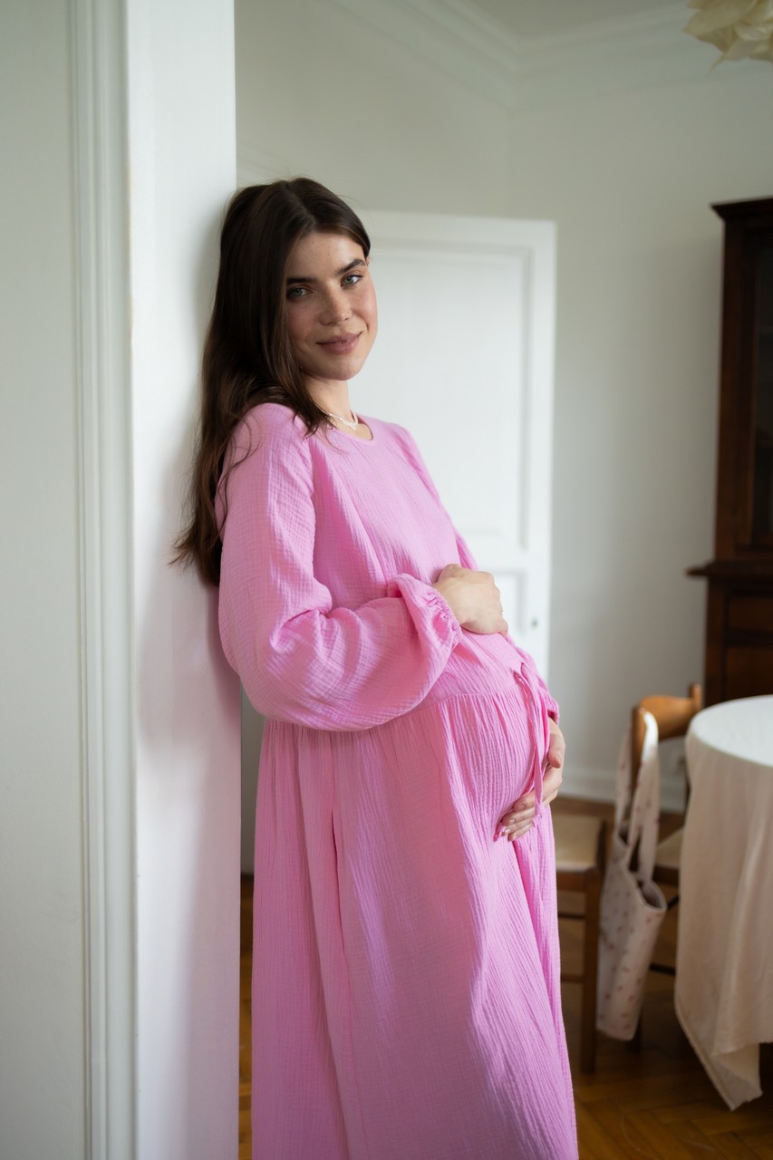 Платье на кулиске из муслина для беременных и кормящих мам - розовый - 1