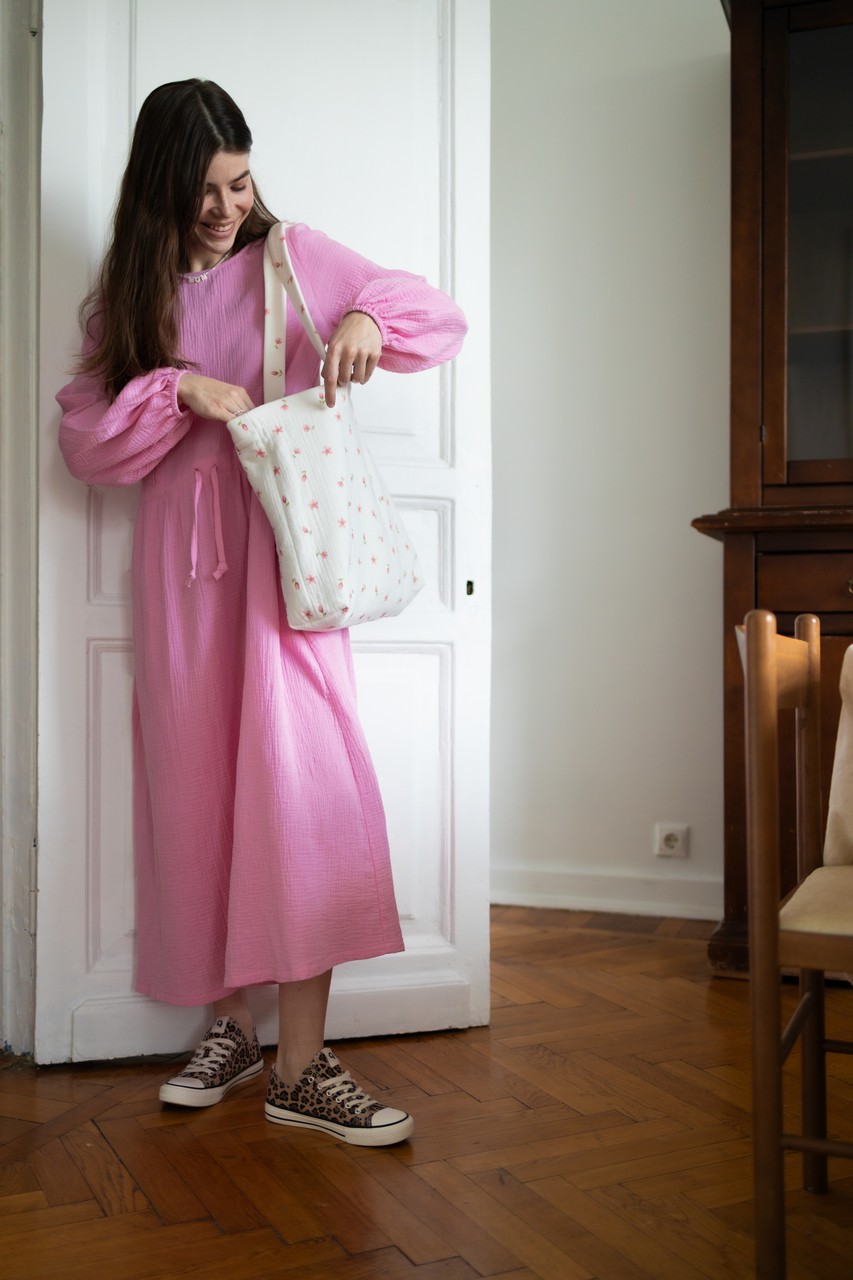 Платье на кулиске из муслина для беременных и кормящих мам - розовый - 4
