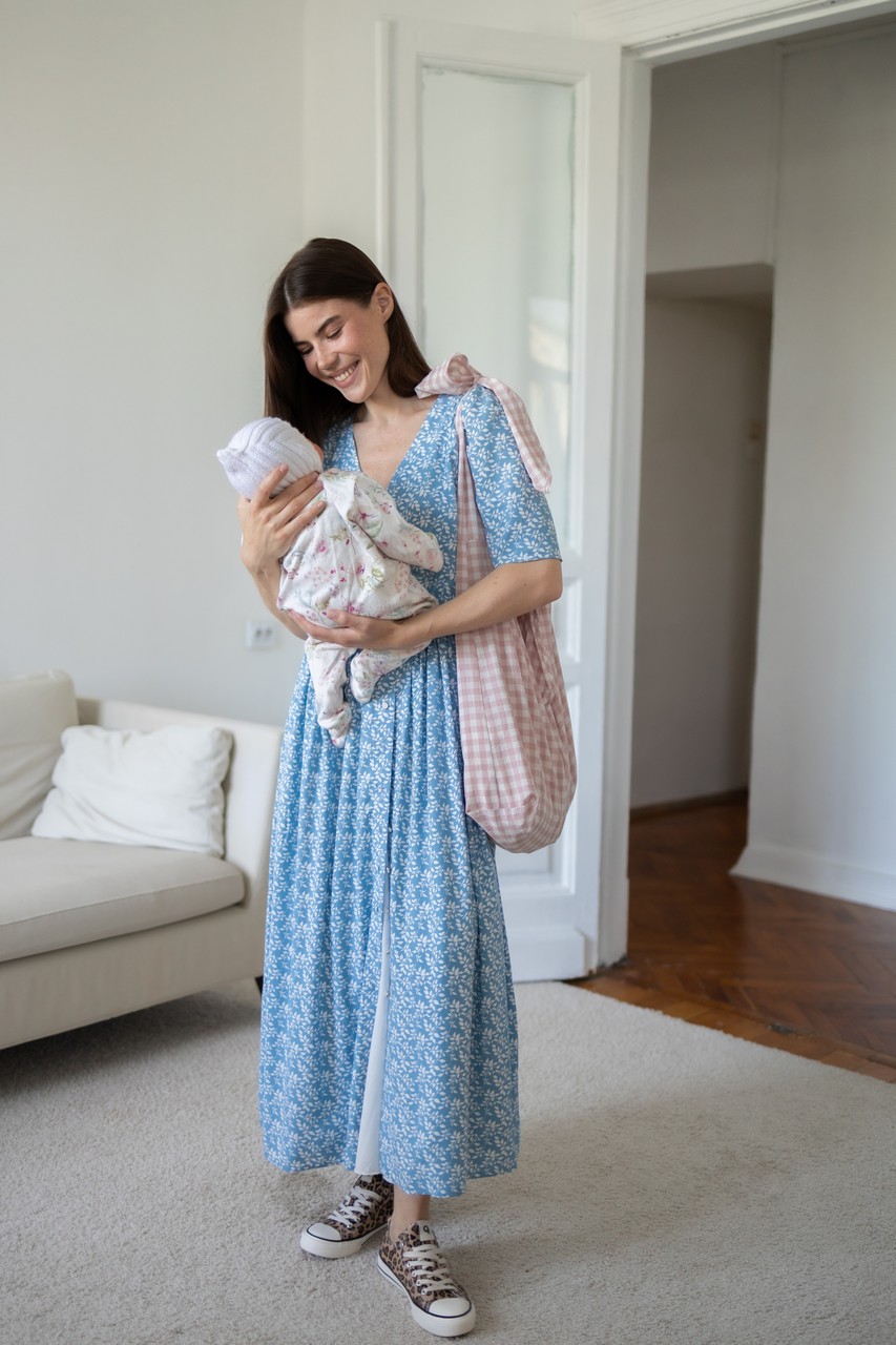 Платье Шарлотта миди из штапеля для беременных и кормящих мам - голубой с веточками - 7