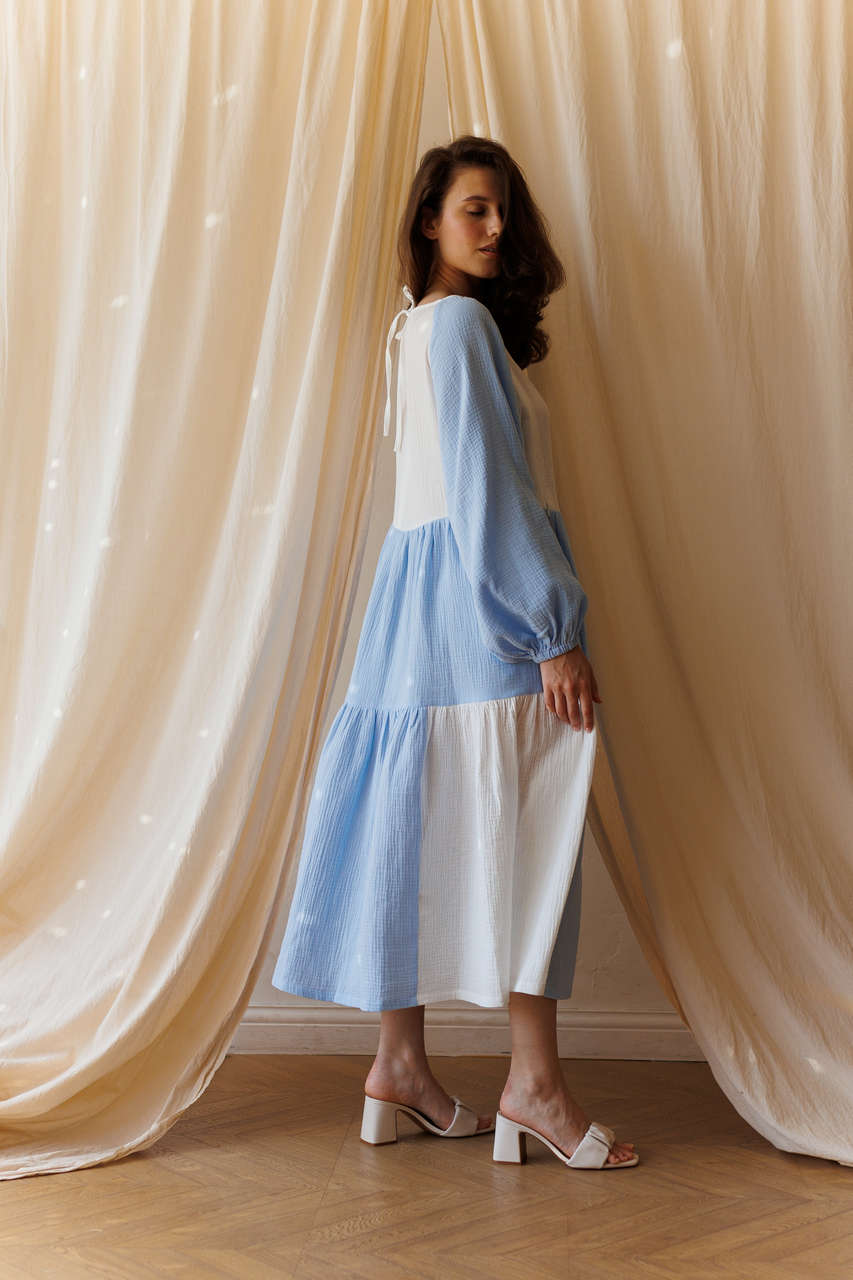 Платье Айседора из муслина для беременных и кормящих мам  - айвори с голубым - 5