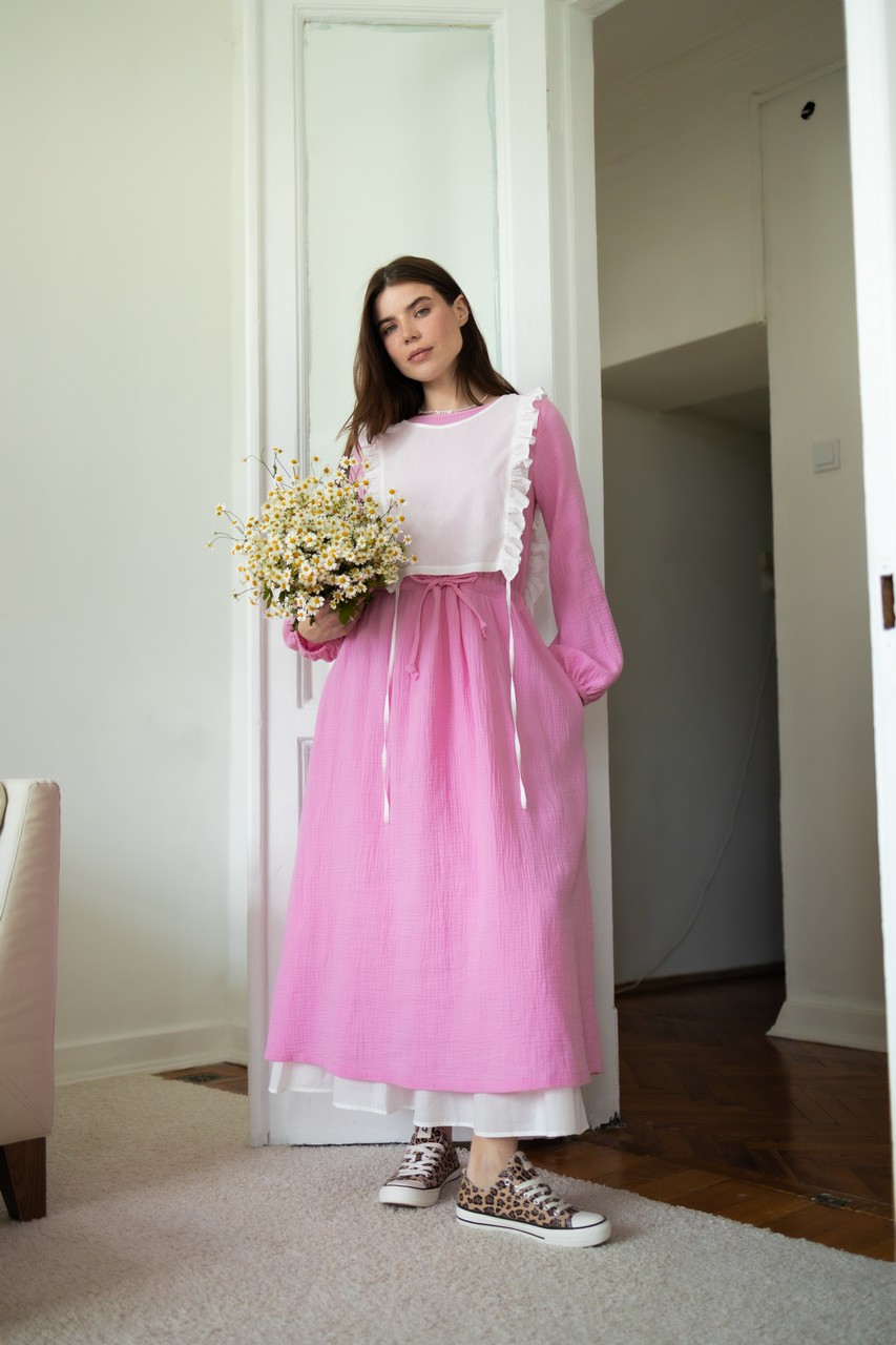 Платье на кулиске из муслина для беременных и кормящих мам - розовый - 8