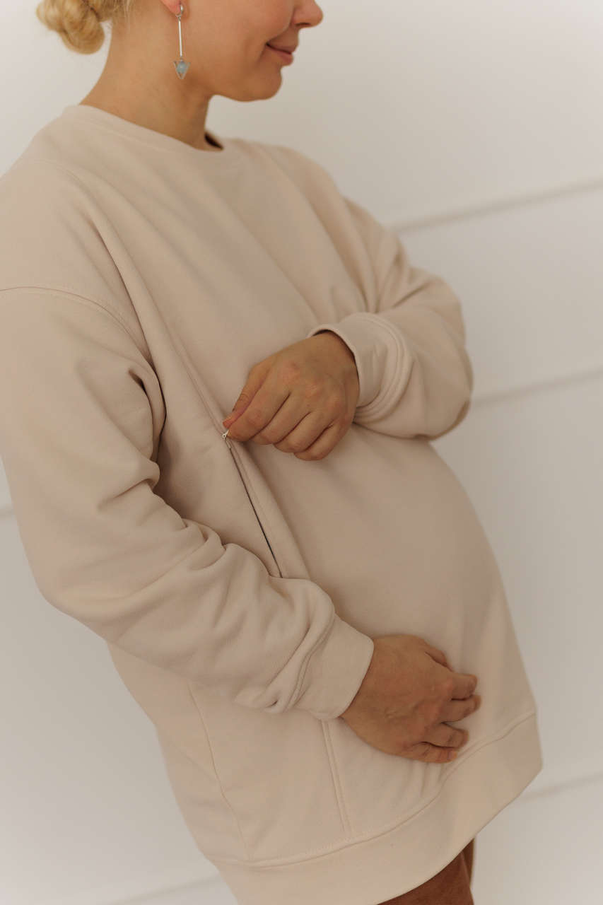 Свитшот оверсайз премиум с молниями на рукавах для беременных и кормящих мам - бежевый - 3